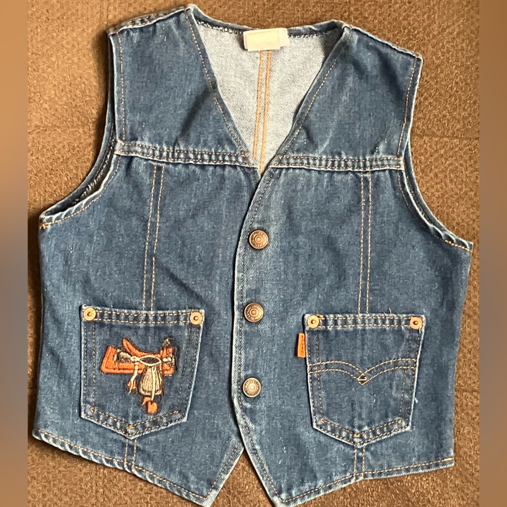 Little Levi's Boy's Western Blue Denim Orange Label Snap Vintage Vest Size 4T